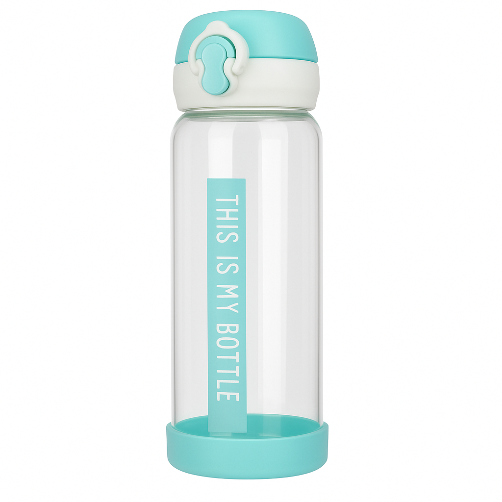 Blue “THIS IS MY BOTTLE” Glass Water Bottle – Leak-Proof Portable Drinking Bottle with Safety Lock Lid - Habitt