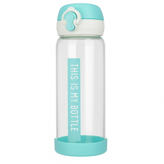 Blue “THIS IS MY BOTTLE” Glass Water Bottle – Leak-Proof Portable Drinking Bottle with Safety Lock Lid - Habitt