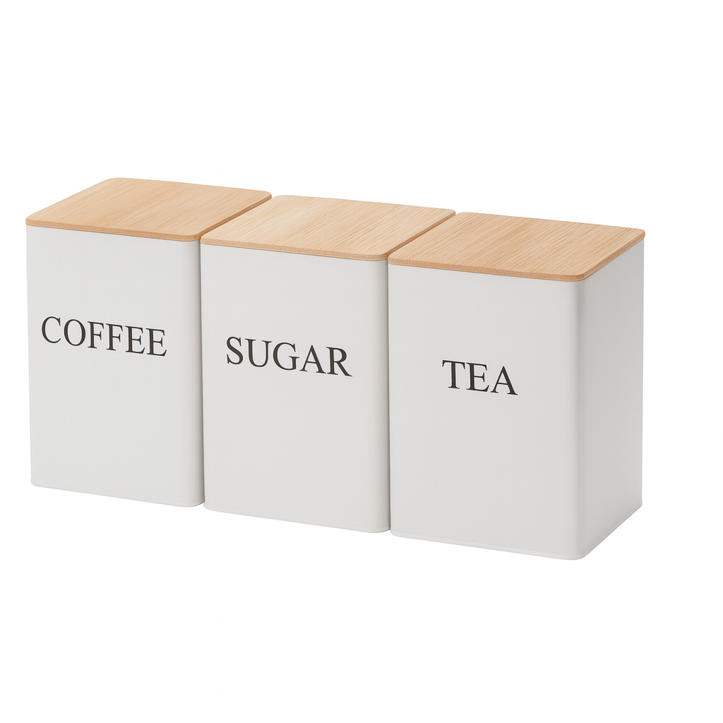 Metal Storage Box Set with Bamboo Lid – Coffee, Sugar & Tea Canister Set for Kitchen Counter Organization - Habitt