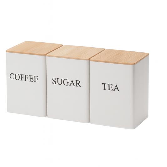 Metal Storage Box Set with Bamboo Lid – Coffee, Sugar & Tea Canister Set for Kitchen Counter Organization - Habitt