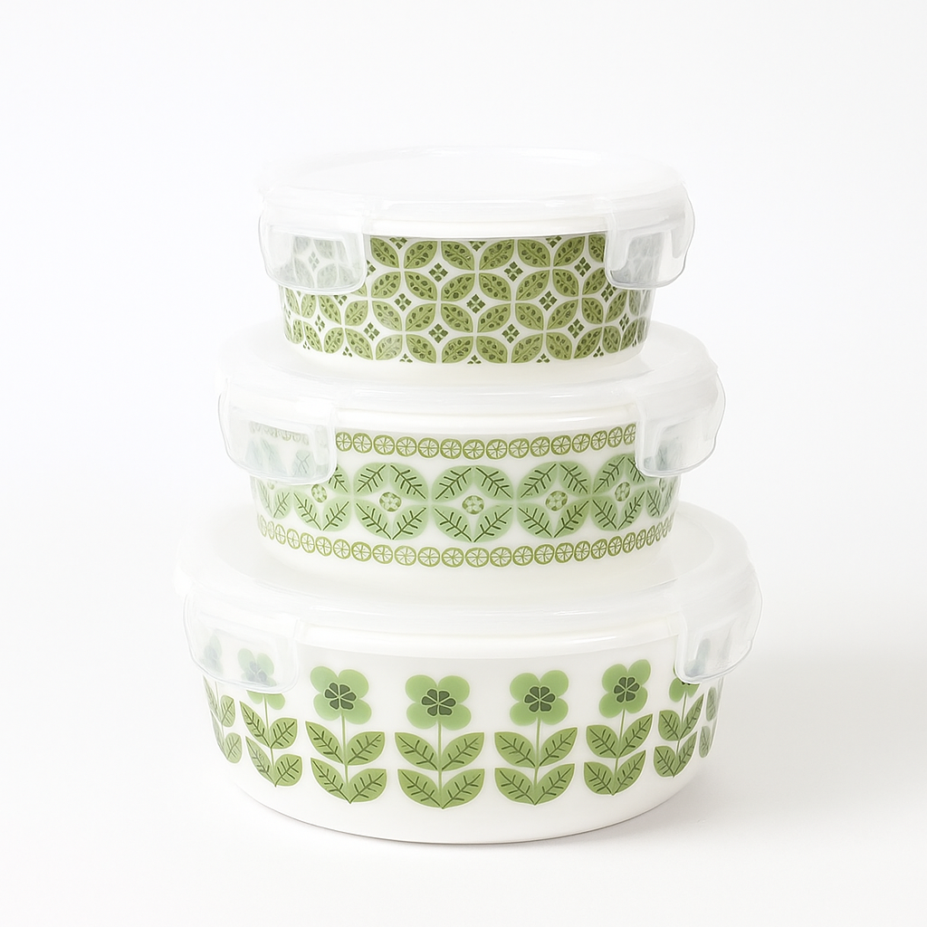3-Piece Green Leaf Print Airtight Bowl Set – BPA-Free, Leakproof, Microwave Safe Food Storage Containers - Habitt