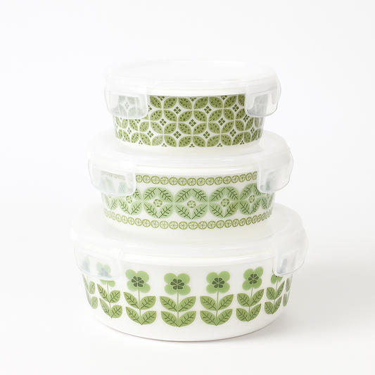 3-Piece Green Leaf Print Airtight Bowl Set – BPA-Free, Leakproof, Microwave Safe Food Storage Containers - Habitt