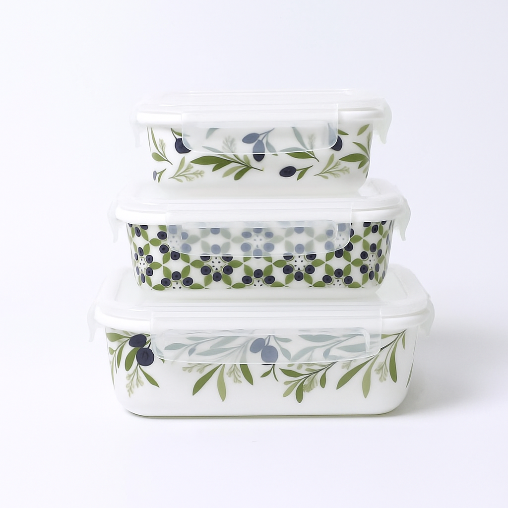 3-Piece Blue Olive Print Airtight Food Storage Container Set – BPA-Free, Leakproof, Microwave Safe Kitchen Organizer - Habitt