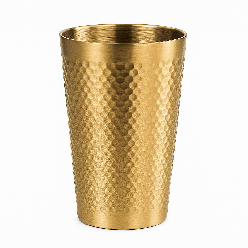 Hammered Golden Stainless Steel Glass – 450ml | Premium Gold Finish Drinking Tumbler - Habitt