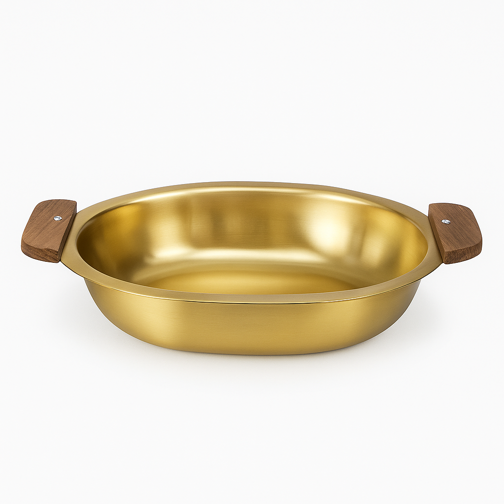 Golden Stainless Steel Gravy Bowl with Wooden Handles | Luxury Gold Finish Serving Bowl - Habitt