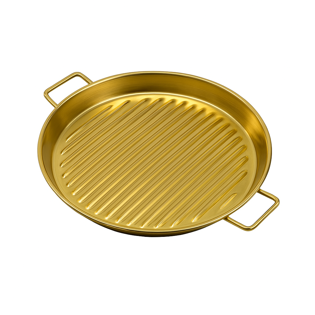 Golden Steak Style Platter – Ribbed Stainless Steel Grill Plate for Serving & Presentation (Available in 7.5 inch or 8.5 inch) - Habitt