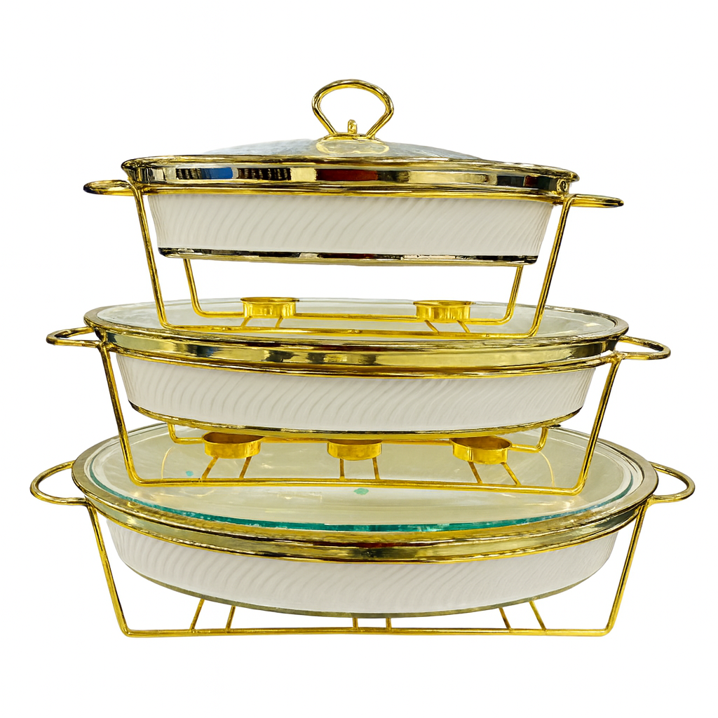 Luxury 3-Piece Round Buffet Dish Set in Black & White with Gold Stand – Elegant Chafing Server for Parties & Events - Habitt