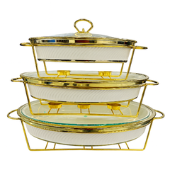 Luxury 3-Piece Round Buffet Dish Set in Black & White with Gold Stand – Elegant Chafing Server for Parties & Events - Habitt