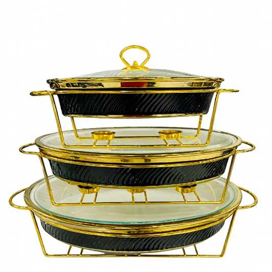 Luxury 3-Piece Round Buffet Dish Set in Black & White with Gold Stand – Elegant Chafing Server for Parties & Events - Habitt
