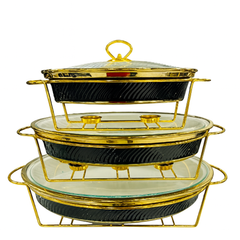 Luxury 3-Piece Round Buffet Dish Set in Black & White with Gold Stand – Elegant Chafing Server for Parties & Events - Habitt