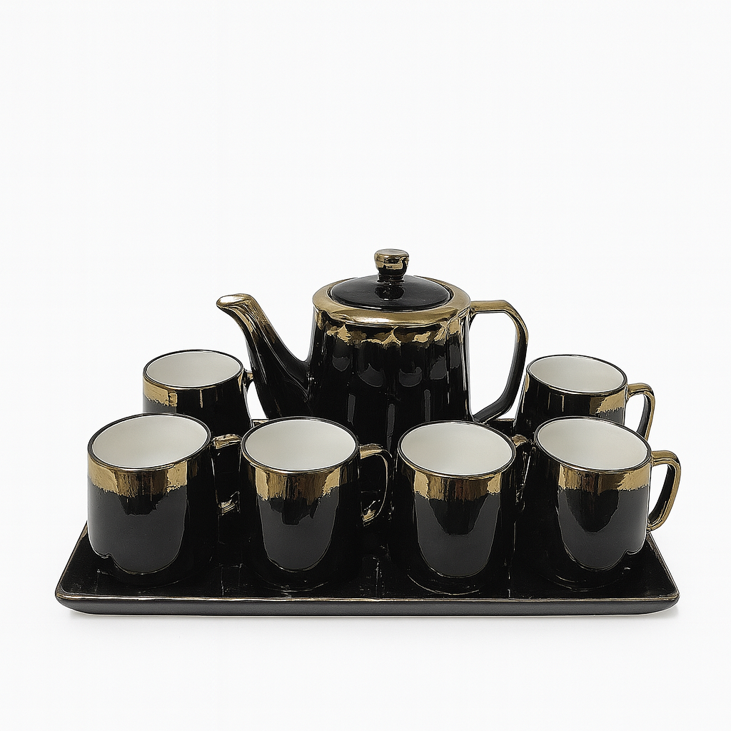 8-Piece Luxury Ceramic Tea Set with Tray – Available in Blue & Black | Gold-Trimmed Premium Design - Habitt