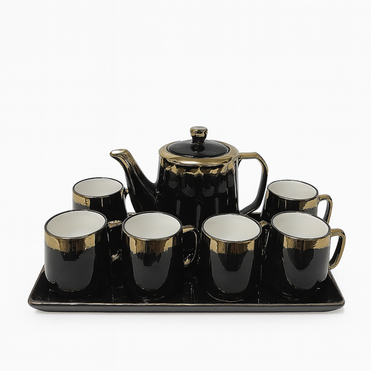 8-Piece Luxury Ceramic Tea Set with Tray – Available in Blue & Black | Gold-Trimmed Premium Design - Habitt