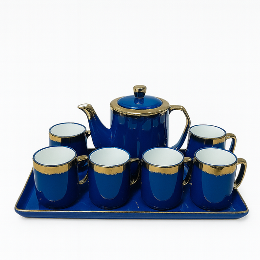 8-Piece Luxury Ceramic Tea Set with Tray – Available in Blue & Black | Gold-Trimmed Premium Design - Habitt
