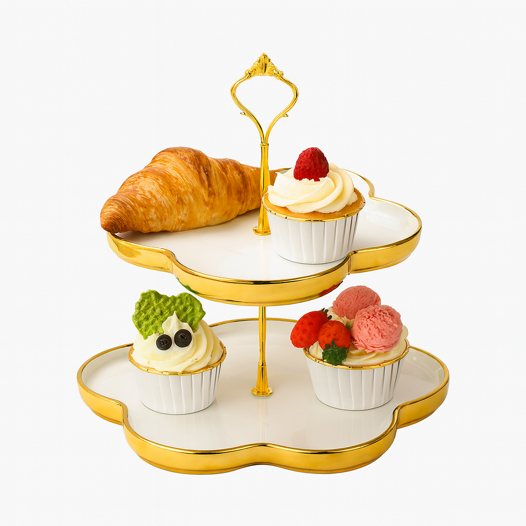 2 & 3-Tier Flower-Shaped Pastry Stand with Gold Trim – Elegant Dessert & Cupcake Display Tray - Habitt