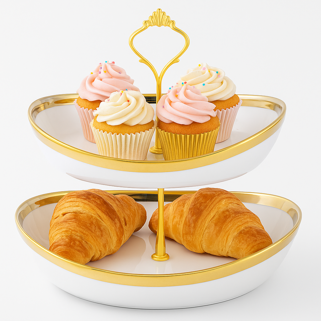 2 & 3-Tier Oval Pastry Stand with Gold Trim – Modern Dessert & Cupcake Display Tray - Habitt