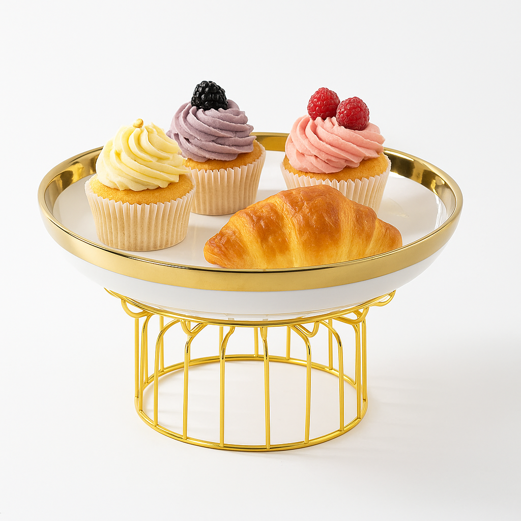 Single-Tier Gold Metal Pastry Stand with Plate – Elegant Dessert & Cake Display Stand - Habitt