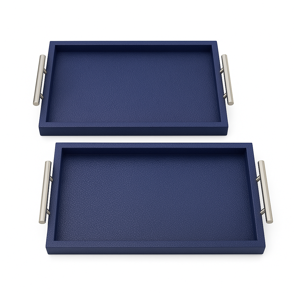 Luxury Blue Leather Serving Tray Set (2 Pieces) – Textured Finish with Metal Handles - Habitt