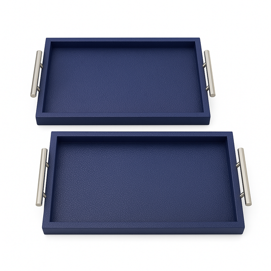 Luxury Blue Leather Serving Tray Set (2 Pieces) – Textured Finish with Metal Handles - Habitt