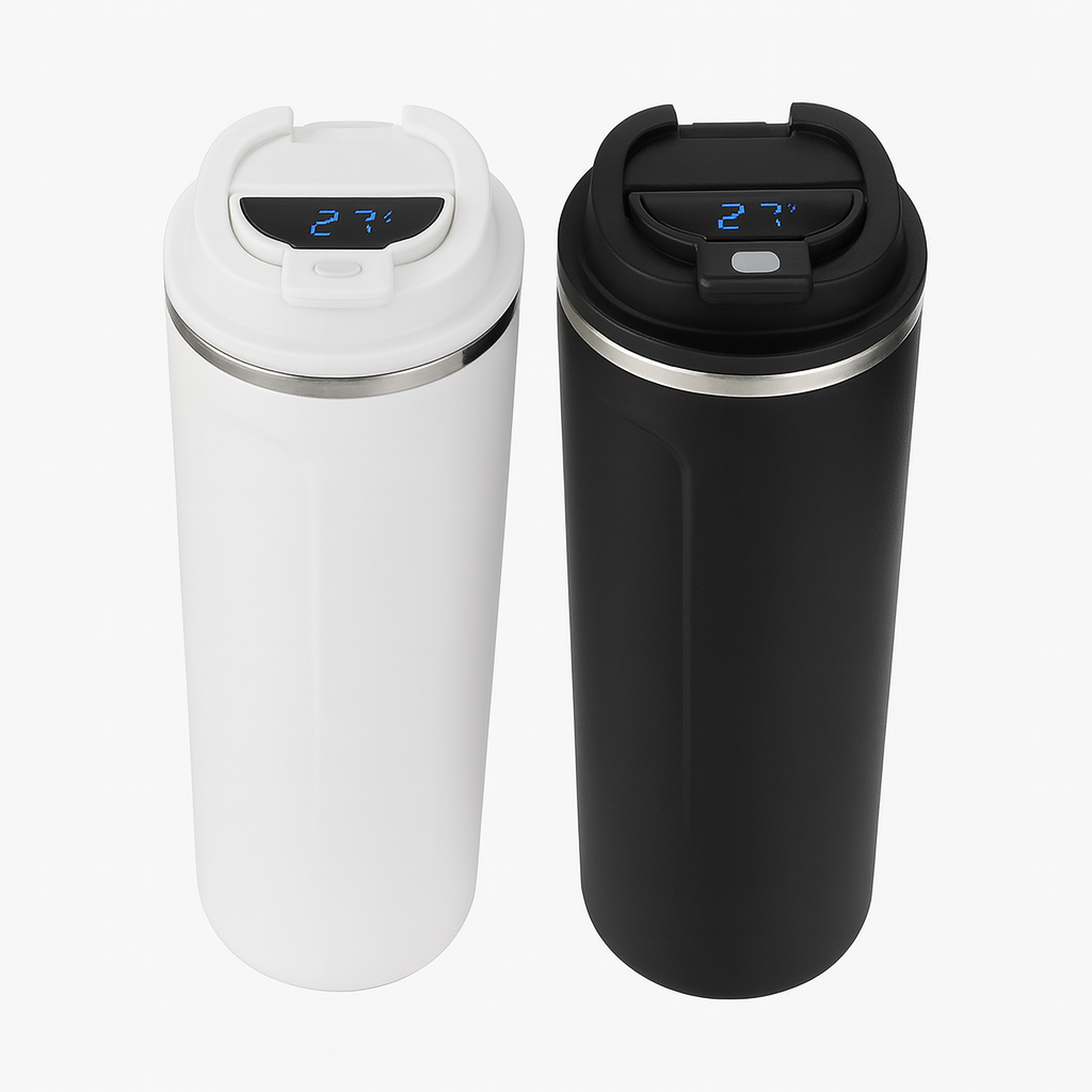 1Pc Smart Temperature Display Coffee Mug – White & Black Stainless Steel Thermal Flask with LED Screen - Habitt