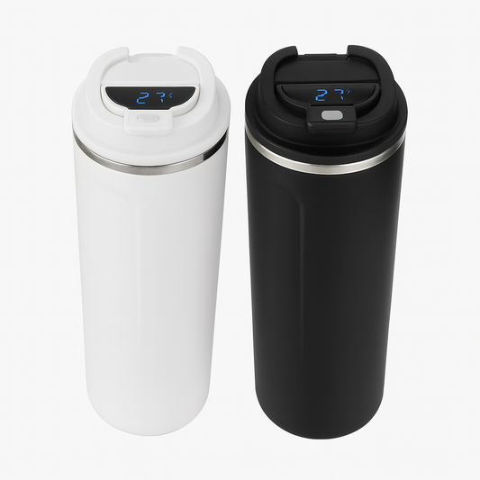 1Pc Smart Temperature Display Coffee Mug – White & Black Stainless Steel Thermal Flask with LED Screen - Habitt