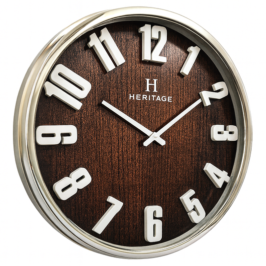 Heritage “Albino” Wall Clock – 20-Inch Modern Brown Wood-Style Decorative Clock with Silver Plastic Frame - Habitt