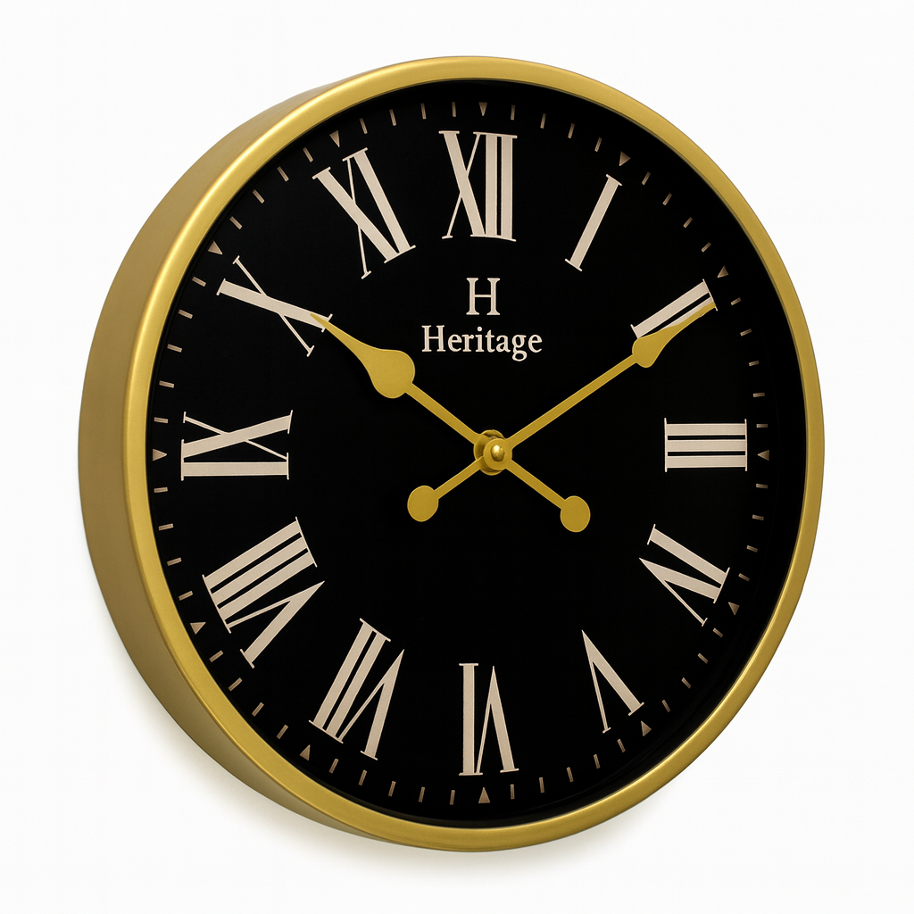 SCOTTISH 20" Heritage Wall Clock – Black Dial with Gold Plastic Frame and Roman Numerals - Habitt