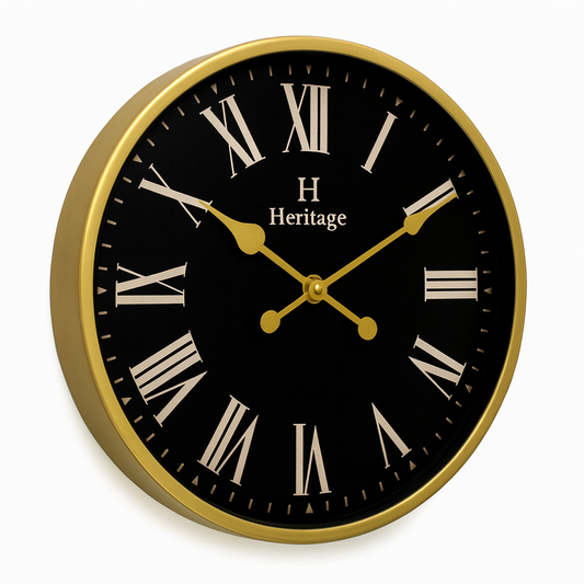 SCOTTISH 20" Heritage Wall Clock – Black Dial with Gold Plastic Frame and Roman Numerals - Habitt