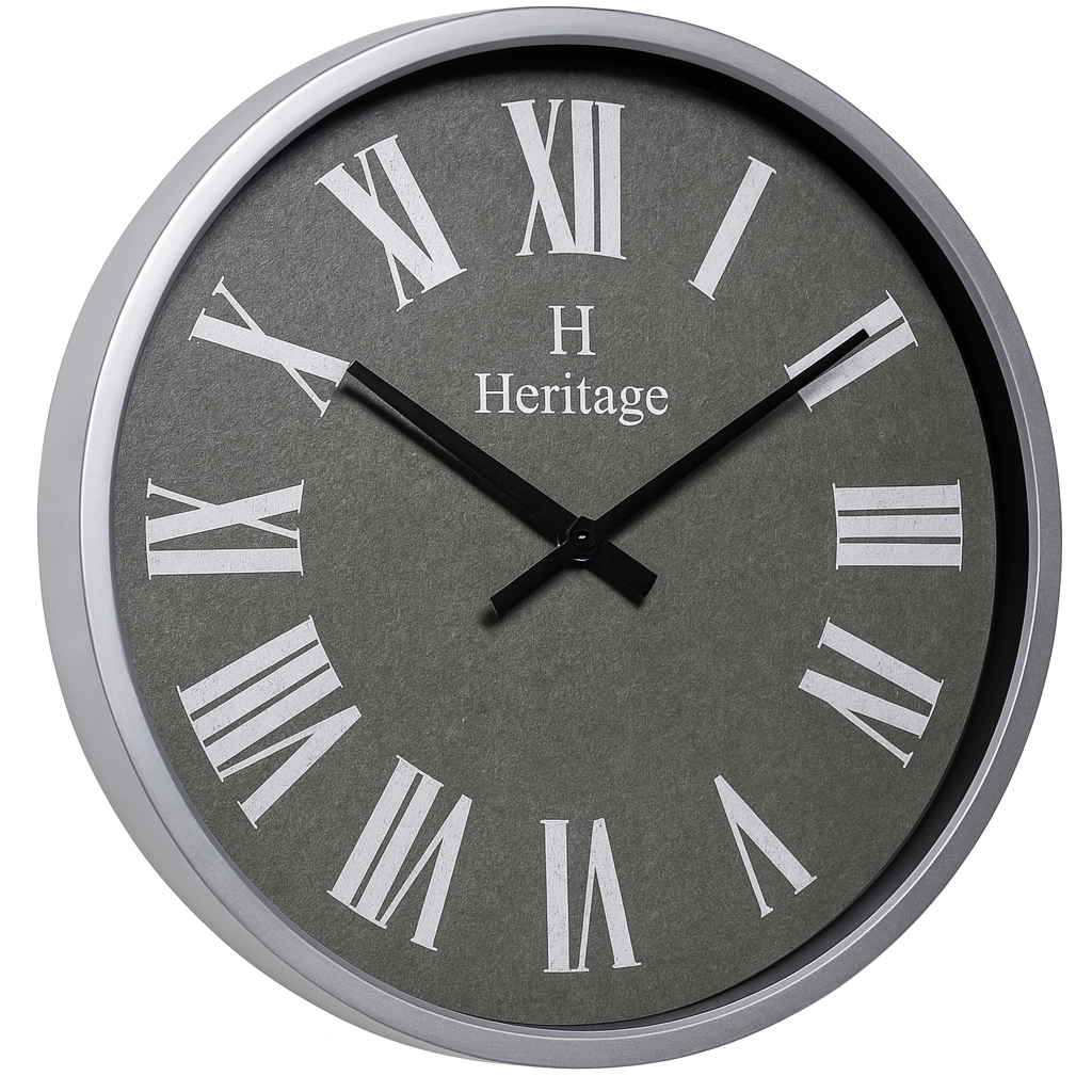 SCOTTISH 20" Heritage Wall Clock – Grey Dial with Silver Plastic Frame and Roman Numerals - Habitt
