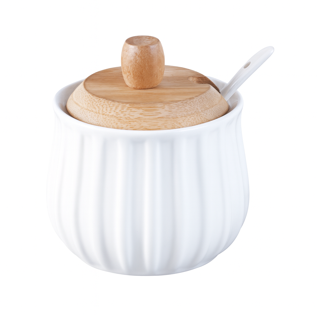 Sugar Pot with Lid – White Ceramic Jar with Wooden Top & Spoon - Habitt