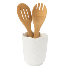 Spoon Holder – White Ceramic Utensil Stand with Wooden Spoons - Habitt