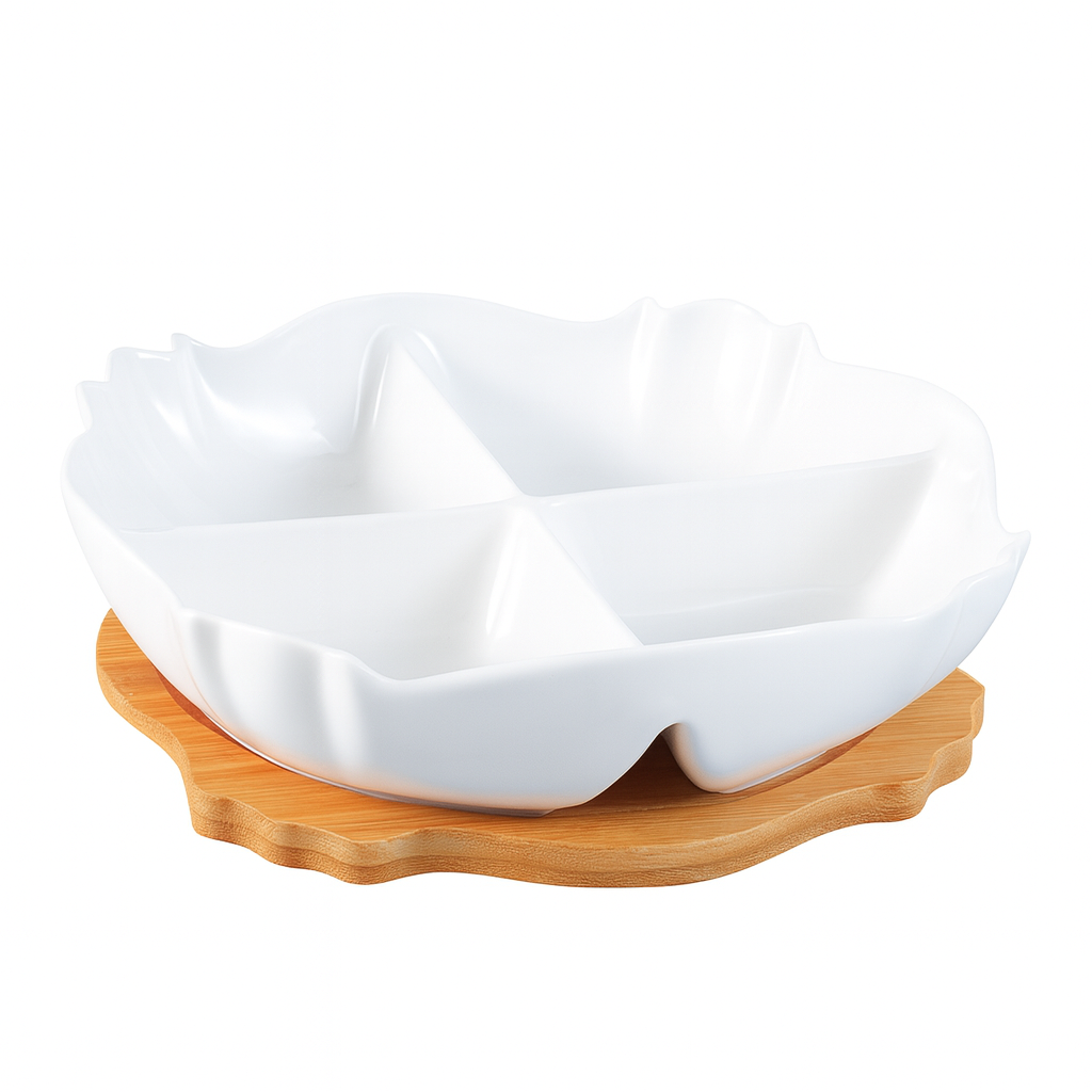 Dish with Bamboo Base – White Ceramic 4-Section Platter - Habitt