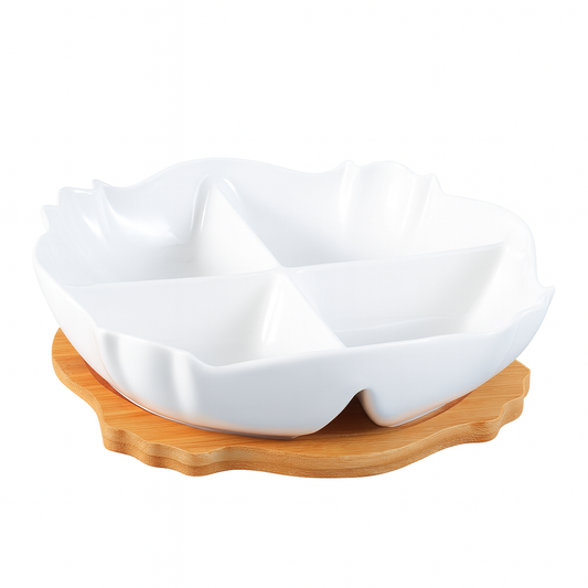 Dish with Bamboo Base – White Ceramic 4-Section Platter - Habitt
