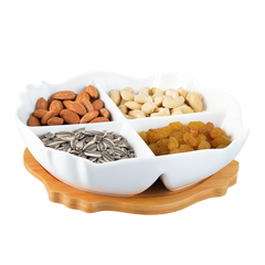 Dish with Bamboo Base – White Ceramic 4-Section Platter - Habitt