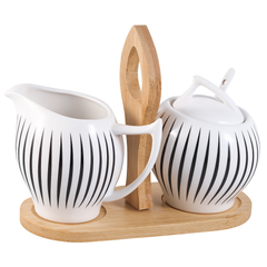 Milk Pot & Sugar Pot Set – White Ceramic with Black Stripes & Wooden Base - Habitt