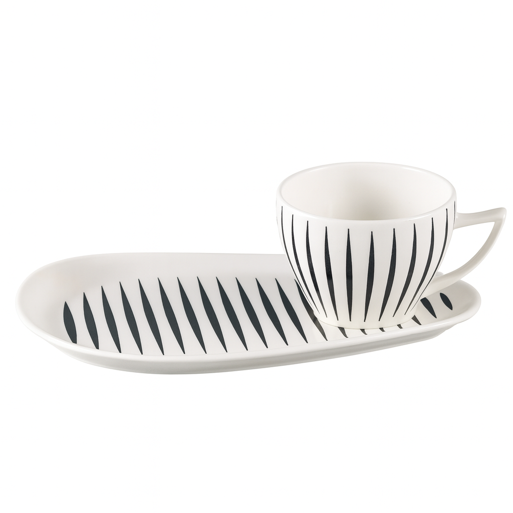 Mug with Plate – White Ceramic Set with Black Stripe Design - Habitt