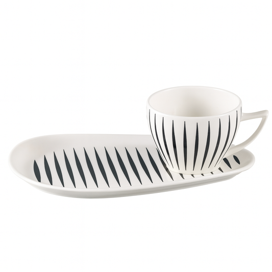 Mug with Plate – White Ceramic Set with Black Stripe Design - Habitt