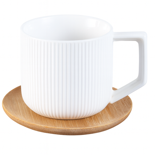 6 Pcs Cups & Bamboo Saucers – White Ribbed Ceramic Tea Set - Habitt