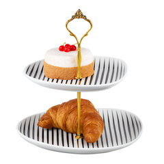 2 Tier Pastry Stand – White Ceramic with Black Stripes & Gold Handle - Habitt