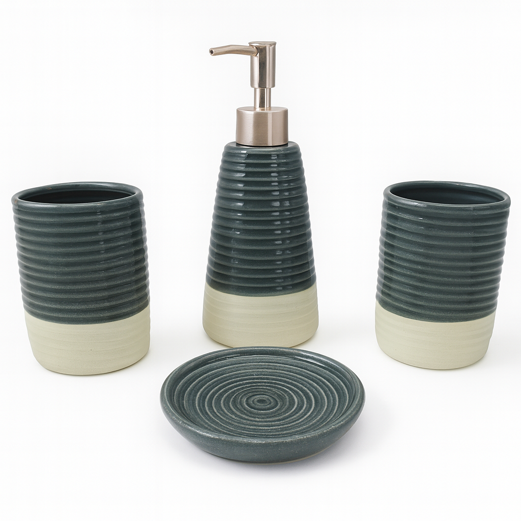 4 Pcs Bathroom Set – Green & Beige Textured Bath Accessories - Habitt
