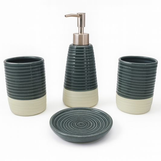 4 Pcs Bathroom Set – Green & Beige Textured Bath Accessories - Habitt