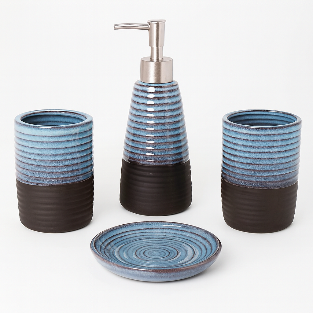 4 Pcs Bathroom Set – Blue & Brown Textured Bath Accessories - Habitt