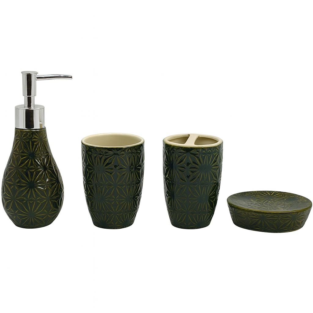4 Pcs Bathroom Set – Olive Green Embossed Pattern - Habitt