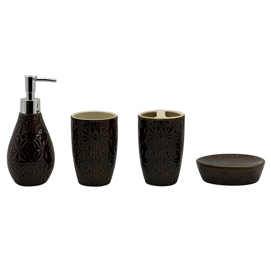 4 Pcs Bathroom Set – Dark Brown Embossed Pattern - Habitt