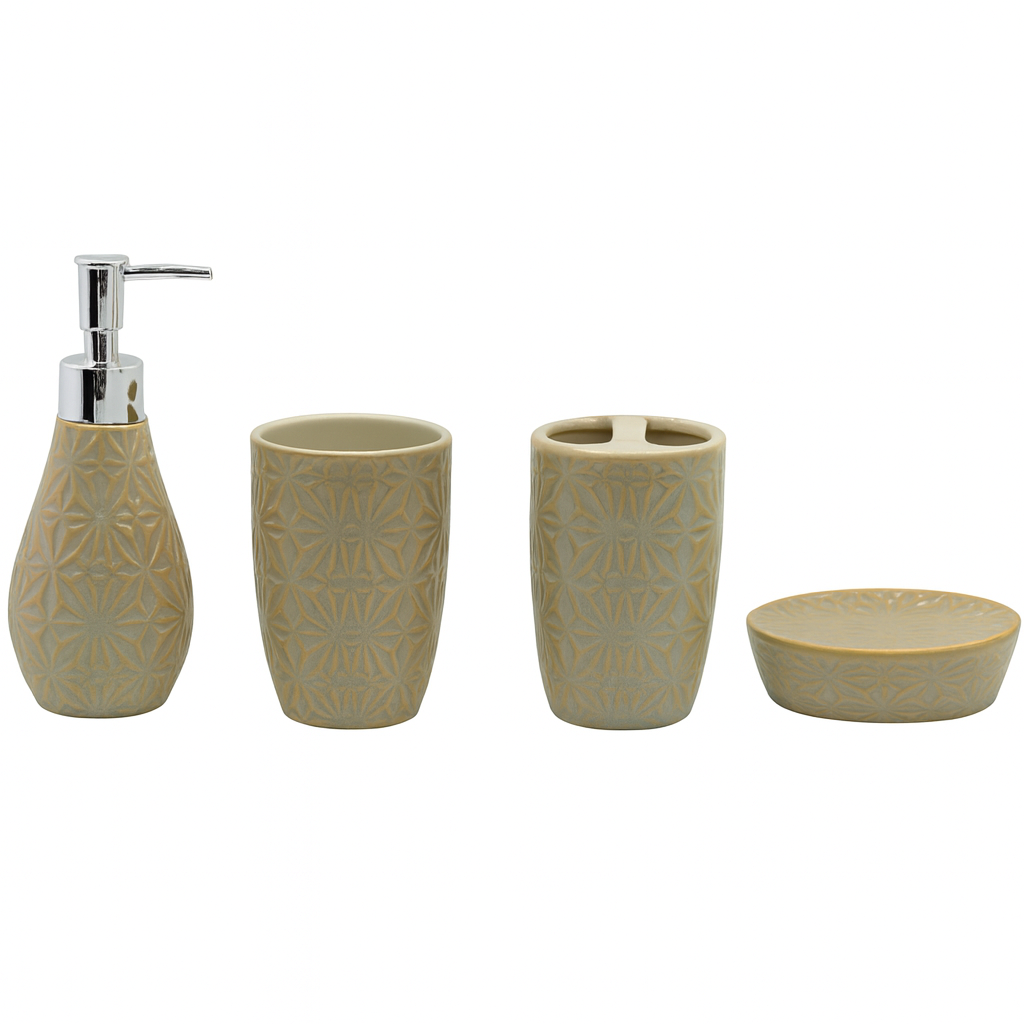 4 Pcs Bathroom Set – Beige Embossed Pattern - Habitt