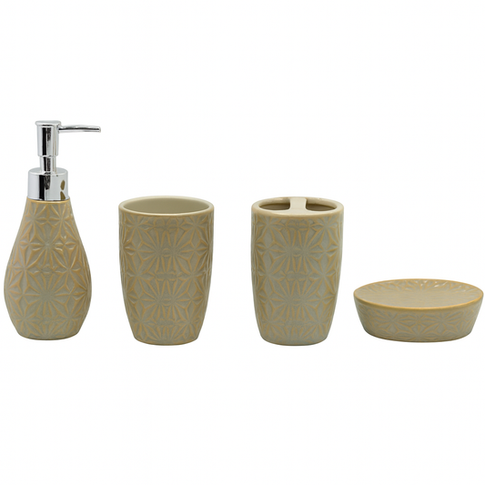 4 Pcs Bathroom Set – Beige Embossed Pattern - Habitt
