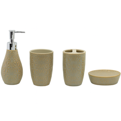4 Pcs Bathroom Set – Beige Embossed Pattern - Habitt
