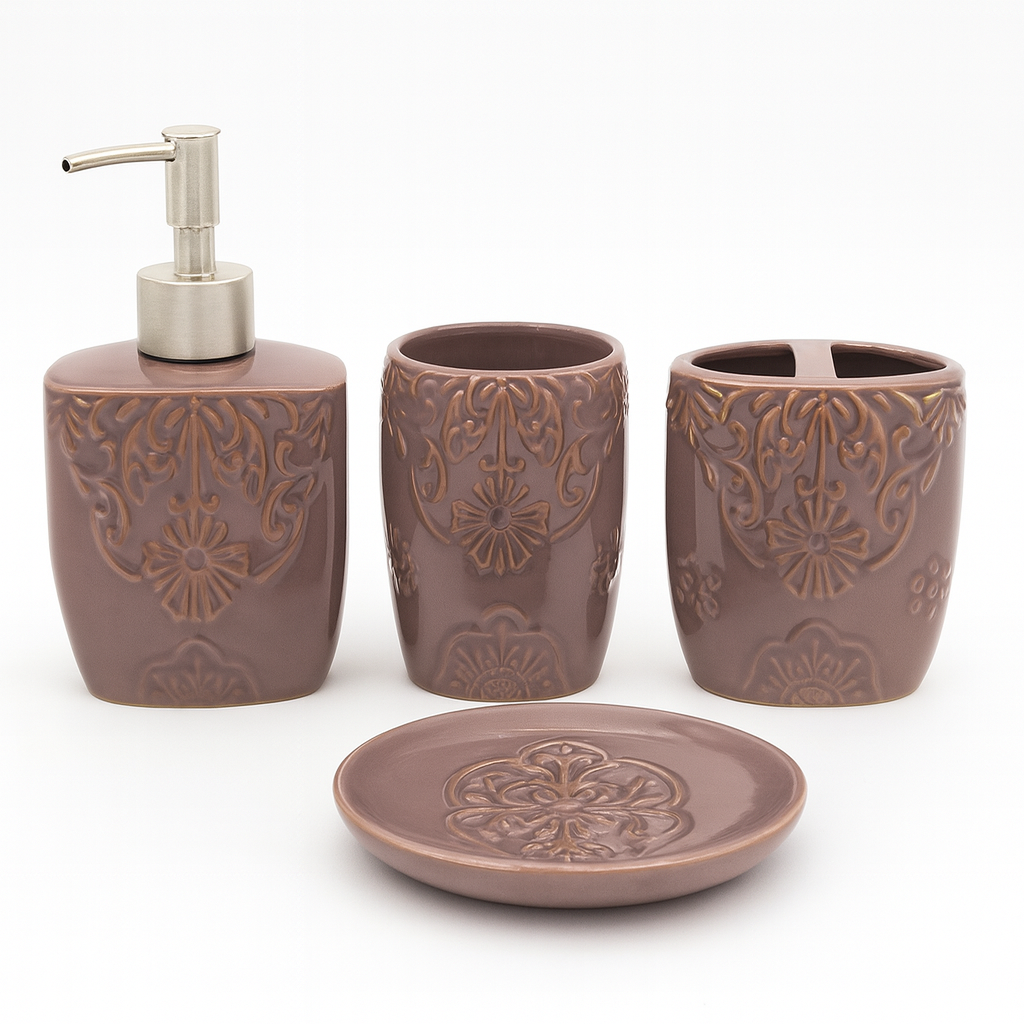 4 Pcs Bathroom Set – Mocha Embossed Design - Habitt