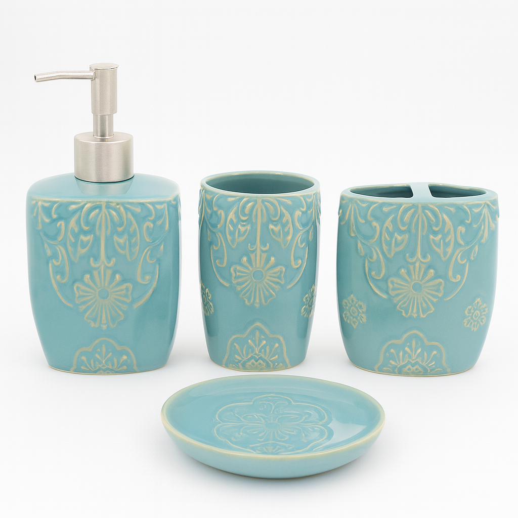 4 Pcs Bathroom Set – Aqua Blue Embossed Design - Habitt