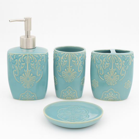 4 Pcs Bathroom Set – Aqua Blue Embossed Design - Habitt