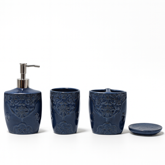 4 Pcs Bathroom Set –  Blue Embossed Design - Habitt